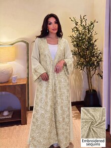 Yasmyna Elegant Luxurious Heavy Embroidery Long Robe With V-Neck Front Tie And Patchwork Cuffs Women's Arabic Abaya - Apricot - View 8