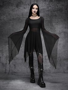 Cryptelle Women's Gothic Style Jacquard Mesh Flowy Batwing Sleeve Top Autumn/Winter Black Witch Halloween Party Outfit Costume - Black - View 1