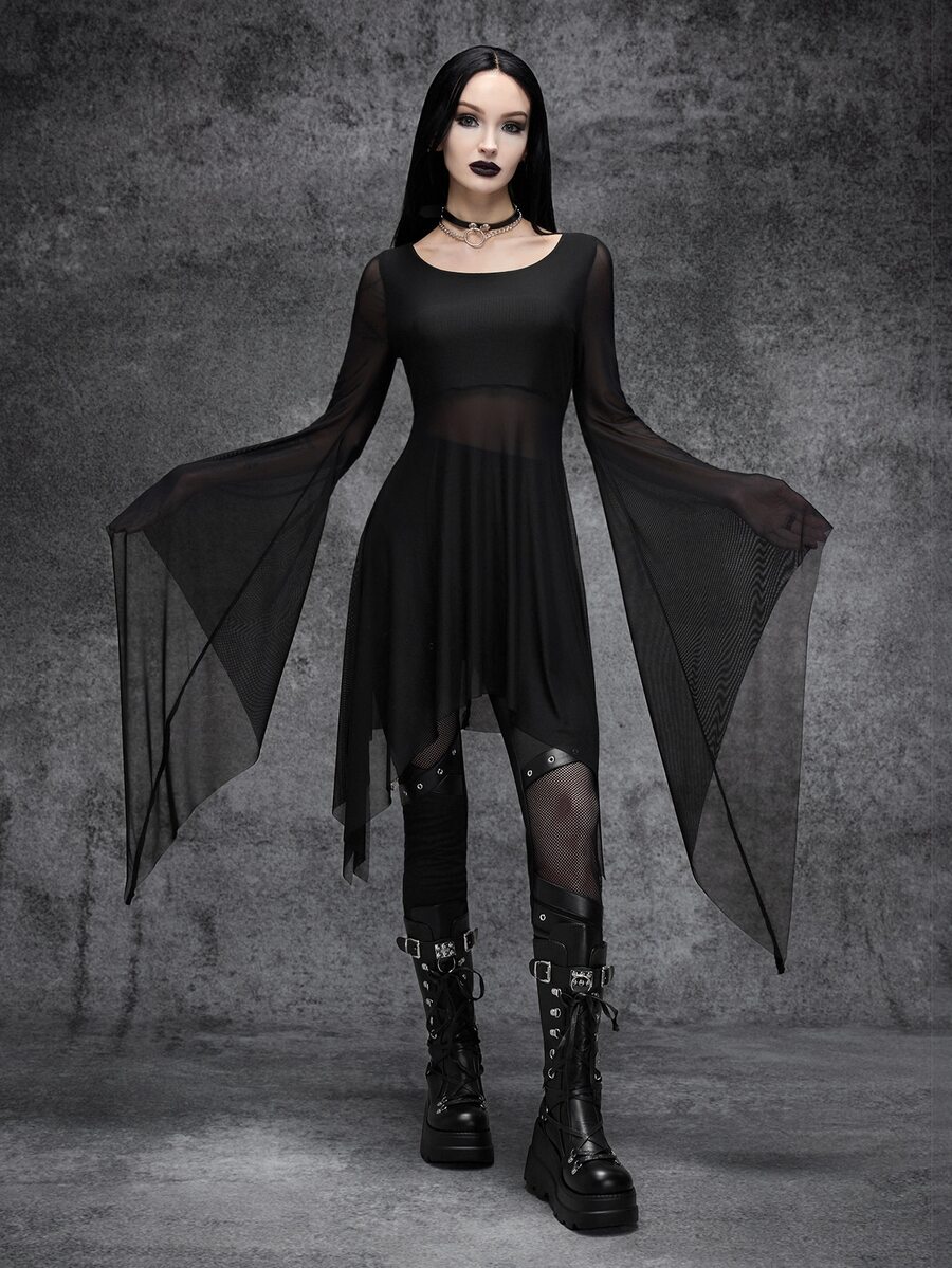 Cryptelle Women's Gothic Style Jacquard Mesh Flowy Batwing Sleeve Top Autumn/Winter Black Witch Halloween Party Outfit Costume - Black - View 1