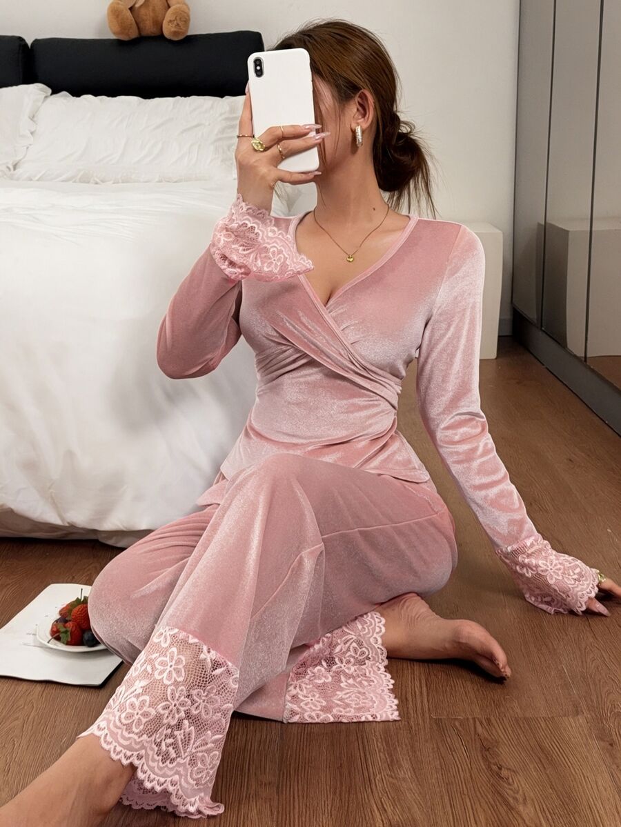 Napfluff V-Neck Criss-Cross Velvet Loungewear Set, Exquisite Lace Patchwork Long Sleeve Pajama 2 Pieces Set - Pink - View 1