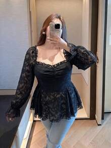 Vibekara New Elegant Sweet Chiffon & Contrast Lace Puff Sleeve Blouse, Frill Trim Cropped Shirt For Women, Slim Fit Fall - Black - View 4