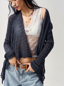 Bohemela Women's Solid Color Long Sleeve Open Front Casual Knit Cardigan - Navy Blue - View 4