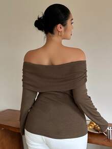 Livesso Off-Shoulder Ruched Long Sleeve Slim Fit Coffee Brown Solid Color Base Layer T-Shirt - Brown - View 2