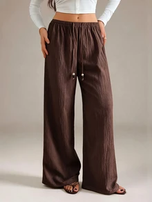 SHEIN Tall 女款素色休閒百搭日常穿著長褲 - 咖啡棕 - 查看 4