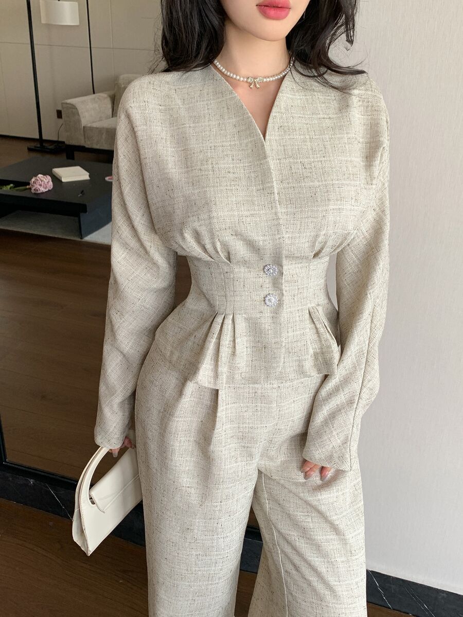 Feyla French Elegant Button-Up Waist Blouse And Pleated Long Pants Set - Apricot - View 1