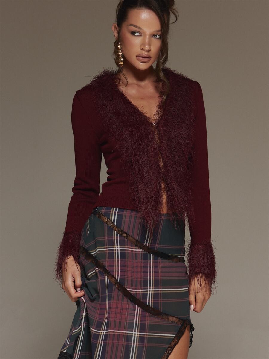 MUSERA Áo cardigan cổ thấp viền lông xù màu đỏ cho mùa thu đông, đi chơi, hẹn hò, Giáng sinh và ngày lễ - Màu Đỏ Sâu - Xem 1