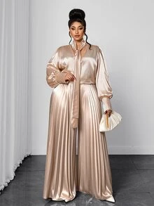 Maweii Plus Size Women's Elegant Satin V-Neck Tie Neck Solid Color Party Formal Pleated Wide Leg Pants 2 Pieces Set Fall New Year Christmas Champagne - Apricot - View 6