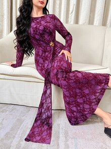 Feyla Elegant Flocked Waist-Cinched Metal Buckle Mermaid Dress - Red Violet - View 5