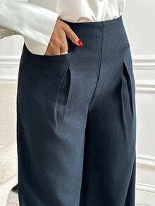 Veilorie Women's Casual Pleated Pocket Blazer Trousers For Office - Blue - View 4