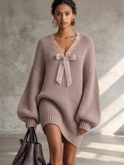 SHEIN Casual Loose V-Neck Long Sleeve Knit Bow Design Apricot Women's Autumn/Winter Sweater Dress