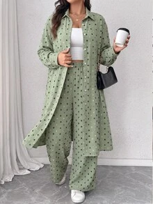 Elenzga Plus Size Pleated Textured Fabric Lapel Regular Long Sleeve Long Shirt And Loose Straight Leg Pants Casual Outing Commute 2 Pieces Set - Multicolor - View 3