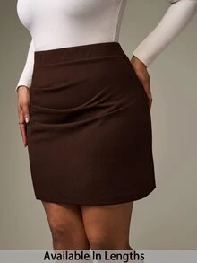 SHEIN Tall CURVE 大尺碼黑色彈性針織抓皺A字裙，優雅日常百搭款，適合冬季與秋季穿著 - 咖啡棕 - 查看 7