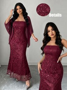 Elenzga Plus Size 2-delat set med lång åtsittande bandeau-klänning i tyg med lövmönster, paljetter och brodyr + kokongjacka i chiffong, elegant för utgång, dejt, fest och kvällsevenemang - Bourgogne - Visa 1