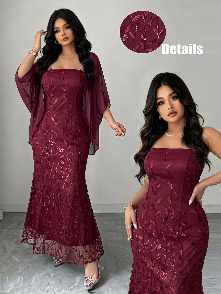 Elenzga Plus Size 2-delat set med lång åtsittande bandeau-klänning i tyg med lövmönster, paljetter och brodyr + kokongjacka i chiffong, elegant för utgång, dejt, fest och kvällsevenemang - Bourgogne - Visa 1