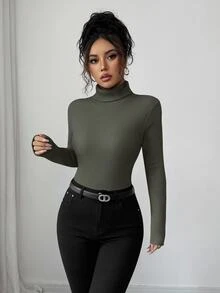 Elenzga 女款高領拼接長袖緊身連身衣，修身顯身材，對比色，秋冬款 - 軍綠色 - 查看 6