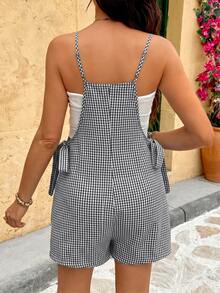 SHEIN جمبسوت كاجوال متعدد الاستخدامات للحوامل للعطلات بخطوط وربطة أمامية - أبيض وأسود - مشاهدة 2
