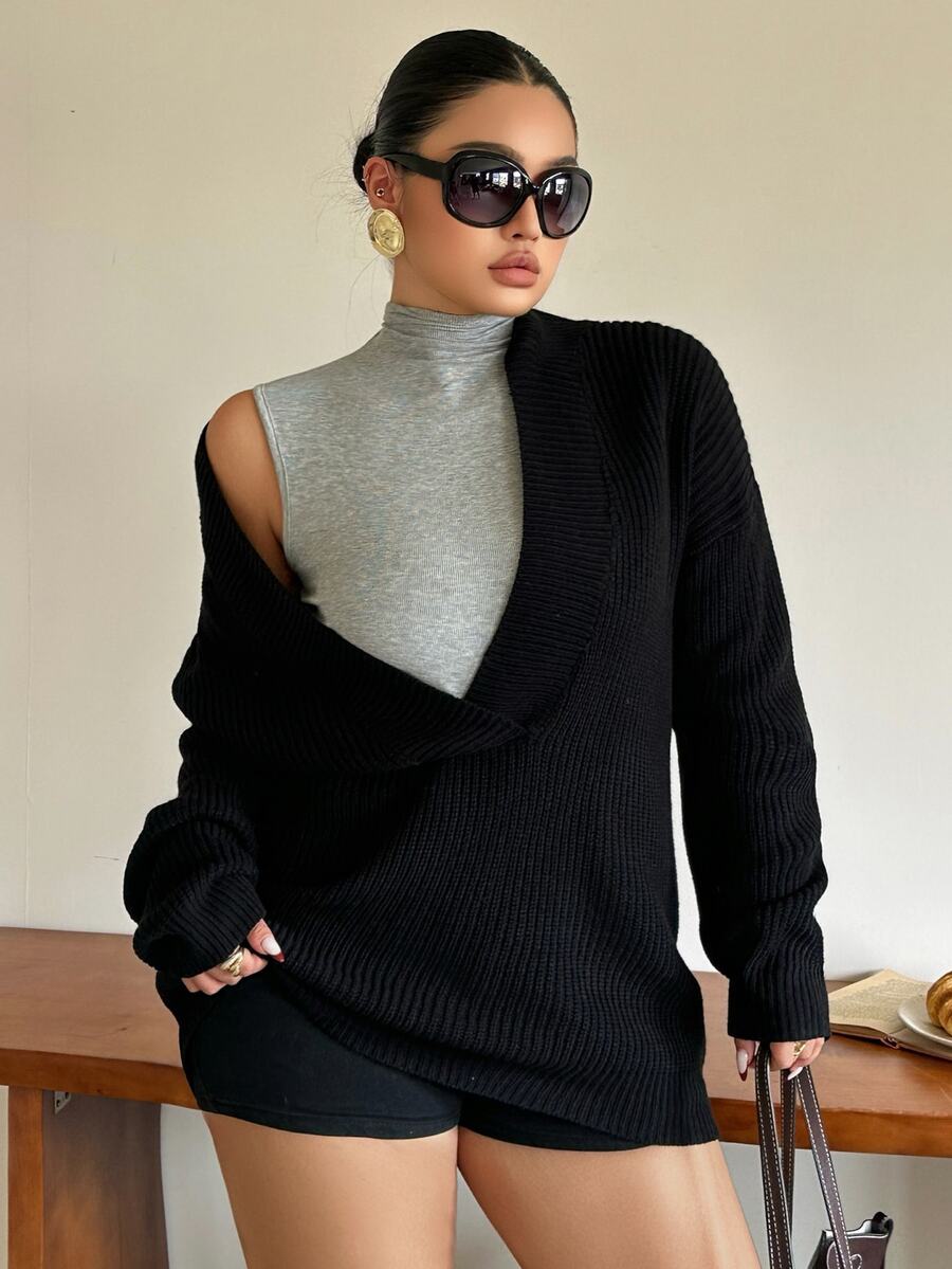 Livesso Deep V-Neck Layered Design Loose Korean Style Long Sweater - Black - View 1