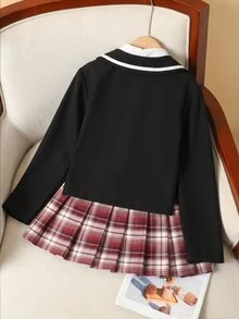 SHEIN 青少年女孩秋季套裝 2件組，學院風可愛西裝外套與百褶格紋迷你裙，復古休閒校園運動風，黑紅格紋 - 彩色 - 查看 2