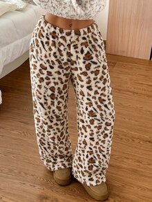 SHEIN EZwear 女款豹紋珊瑚絨長褲，冬季 - 杏色 - 查看 8