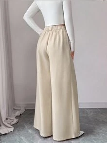 Elenzga 女款休閒日常通勤極簡純色百褶寬鬆寬腿褲，不含腰帶 - 杏色 - 查看 2
