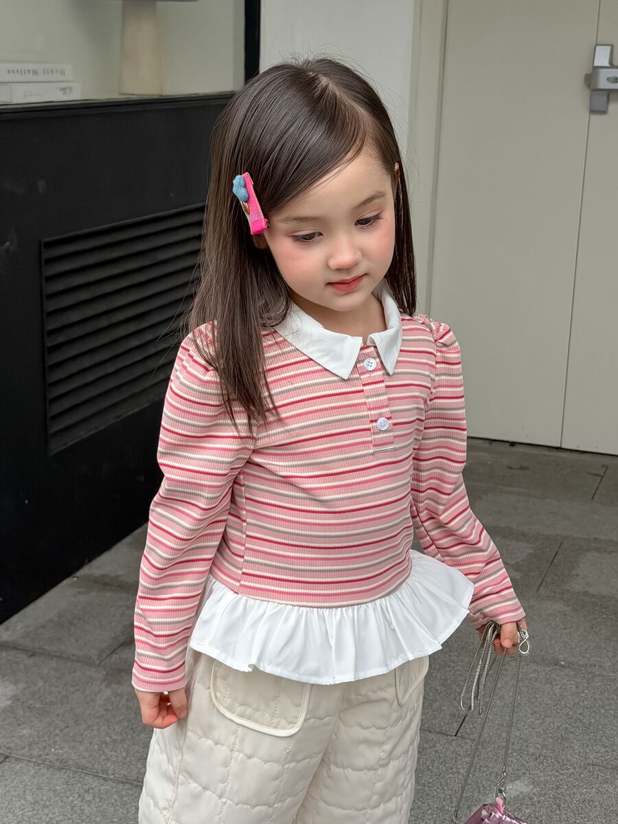 DAZY Infant/Toddler (Girl) Collared Striped Long Sleeve Spring/Autumn Mesh-Texture Korean Style Casual Top - Baby Pink - View 1