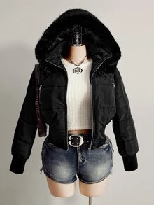 SHEIN ICON Women's Plus Size Hooded Patchwork Fur Collar Black Padded Coat Winter - Black - View 8