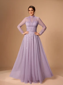 Serin Elegant Dusty Purple Tulle Sheer Rhinestone High Neck Cut Out Ruched Draped Long Sleeve A Line Autumn Wedding Guest Mother Of The Bride Evening Gown - Mauve Purple - View 3