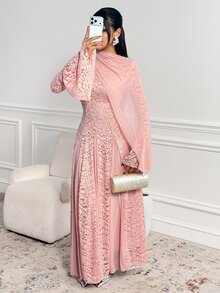 Veilorie فستان حفلة أنيق للنساء بتصميم دانتيل وشبكة مرقعة مع خصر مشدود - وردي مغبر - مشاهدة 1