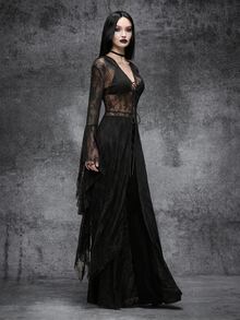 Cryptelle Women's Lace Mesh Hooded Strap Tie Front Batwing Sleeve Long Dress Autumn/Winter Black Gothic Witch Halloween Outfit Costume Party Night - Black - View 5
