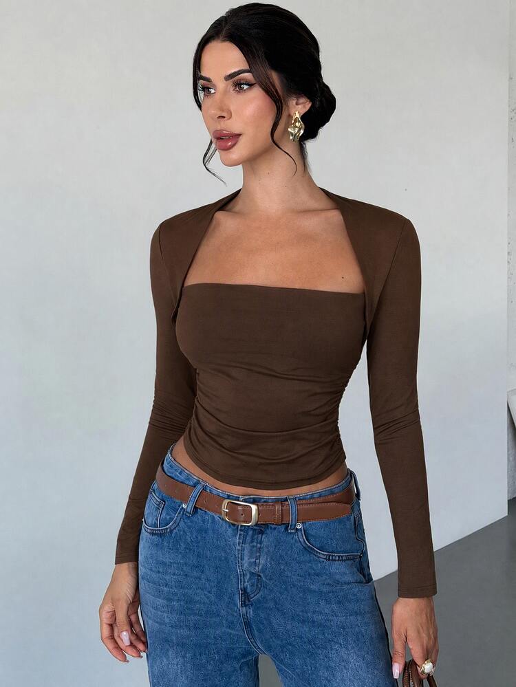 Firerie Camiseta de manga larga de color liso versátil y casual para mujer - Marrón - Añade 8