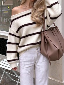 Flirla Women's Autumn/Winter Casual Ribbed Ribbed Asymmetrical Shoulder Loose Knit Sweater - Multicolor - View 6