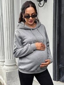 SHEIN 孕婦純色長袖休閒抽繩連帽哺乳衛衣 冬季 - 灰色 - 查看 7