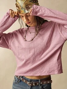 Bohemela 女款休閒純色針織寬鬆長袖T恤，可雙面穿著 - 淺粉色 - 查看 4