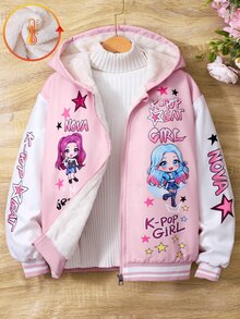 SHEIN 女童純色拉鍊外套，內層保暖，時尚卡通印花圖案，舒適百搭秋冬外套 - 藍色 - 查看 1