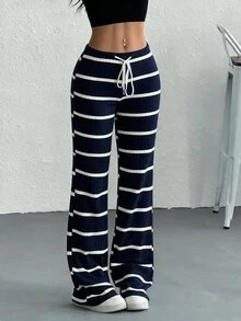 SHEIN EZwear 女款休閒街頭風羅紋抽繩腰長褲，春秋居家日常穿著，黑白羅紋格紋 - 寶藍色 - 查看 1