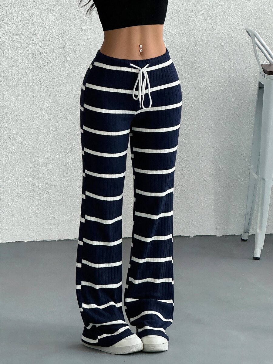 SHEIN EZwear 女款休閒街頭風羅紋抽繩腰長褲,春秋居家日常穿著,黑白羅紋格紋 - 寶藍色 - 查看 1
