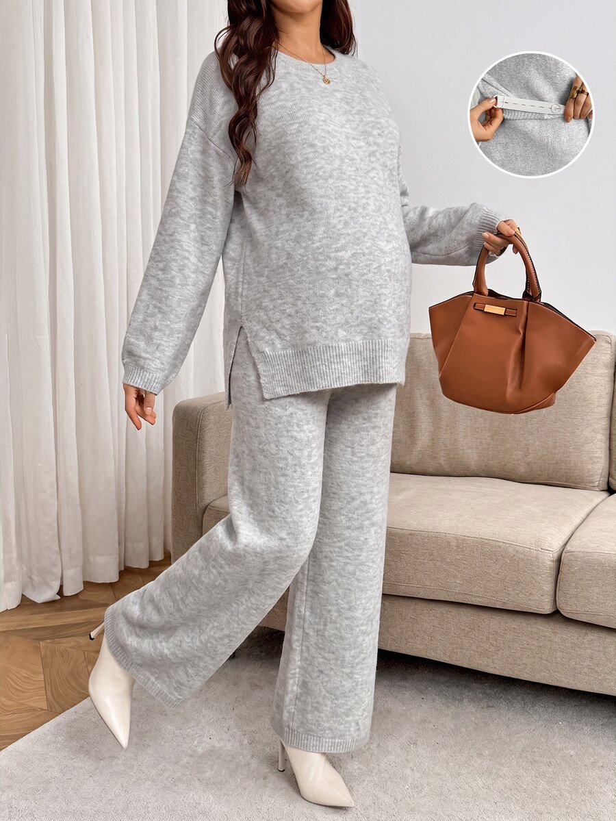 SHEIN Maternity Solid Color Crew Neck Side Slit Hem Sweater And Adjustable Waist Knit Long Pants Casual Set Winter - Light Grey - View 1