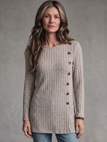 Hansera Women's Button Front Knit Sweater, Casual Long Sleeve Round Neck Solid Color Loose Fit Cover Up Top - Apricot - View 3