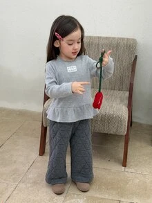 DAZY Infant (Girl) Ruffle Trim Long Sleeve Solid Color Korean Style Top - Grey - View 3