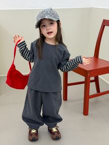 Dazy Kids Infant (Girl) Round Neck Striped Patchwork Long Sleeve Autumn/Winter 2 Pieces Sweatshirt Set - Grey - View 7