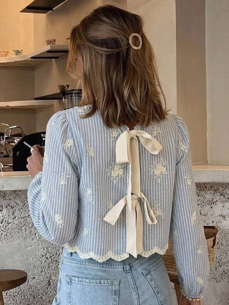 SHEIN Tween Girl Striped Floral Embroidered Pattern Casual Daily Long Sleeve Shirt - Blue and White - View 1