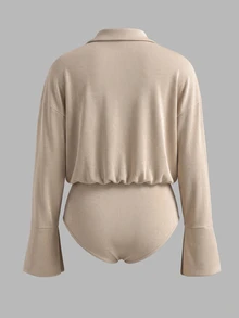 Cévolie Plus Size Shiny Premium Draping Women's Casual Daily Commute Versatile Lapel Long Sleeve Bodysuit - Khaki - View 2