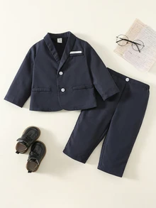 SHEIN Bộ 2 món cho bé trai: Áo khoác tay dài vạt mở cổ bẻ và quần dài lưng chun - Nhiều màu - Xem 3