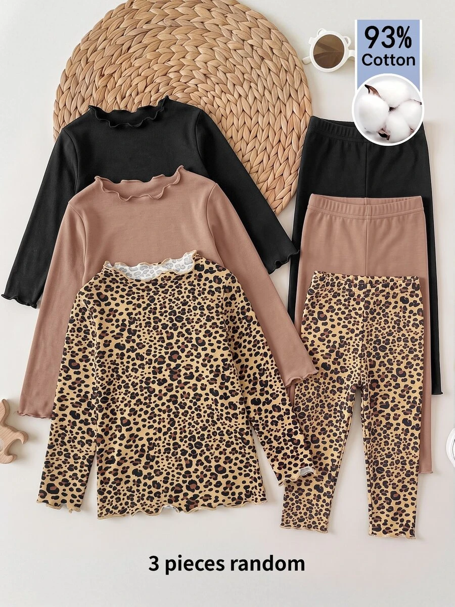 SHEIN 3件組女嬰純色與豹紋長袖休閒上衣 - 彩色 - 查看 1