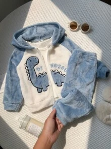 SHEIN Baby Boy Autumn/Winter Plush Blue Dinosaur Outfit Suitable For Holidays, Halloween, Christmas - Baby Blue - View 4