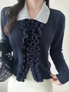 FRIFUL Women's Sweet Ruffle Trim Rhinestone Embellished Knit Cardigan - Black - View 6