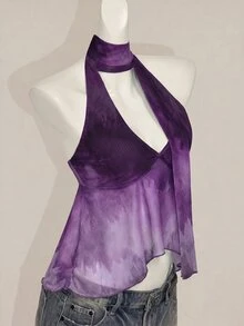 SHEIN ICON Y2K 夏季女款 V 領波西米亞海灘度假嘻皮風夏威夷娃娃裙式飄逸掛脖印花漸層青色背心上衣 - 紫色 - 查看 4