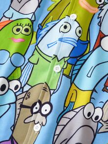 SpongeBob SquarePants | SHEIN Plus Size Men's Cartoon Print Top And Shorts Pajama Set - Green - View 8