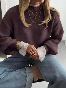 Livesso Autumn New Loose Casual Lazy Style Lace Patchwork Women's Sweater - Purple - View 1