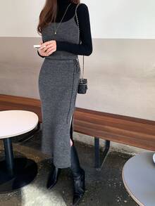 DAZY Women's Solid Color Camisole Top And Skirt Knit 2 Pieces Set - Grey - View 3